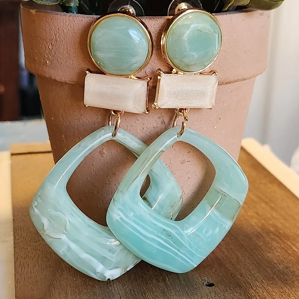 Seafoam Green Marbled Resin Geometric Square Drop Earrings Gold Tone Statement